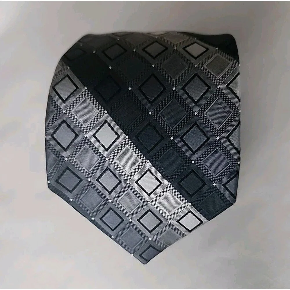 Calvin Klein 100% Silk Tie Gray And Black Checked Stripes. Timeless Piece.